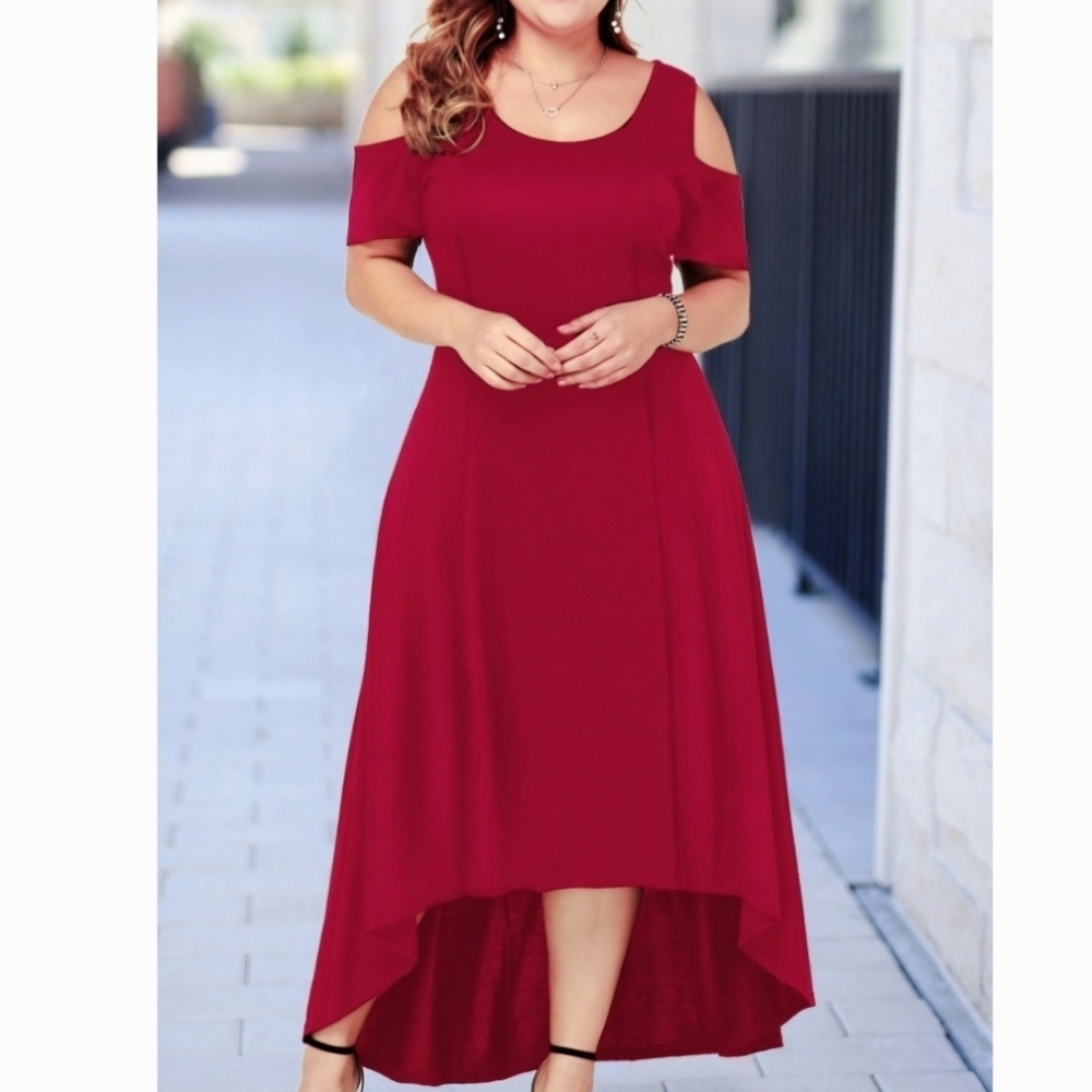 Cold-Shoulder High-Low Midi Dress - Red
